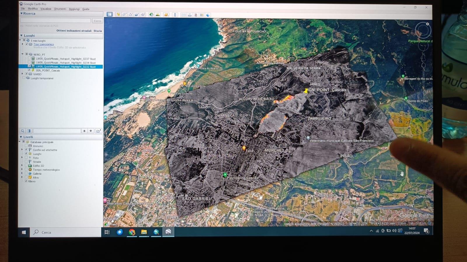 First analysis of thermal images of the Alcabideche-Cascais wildfire (21 July 2024). Photo by AVRAC, courtesy of ANEPC.