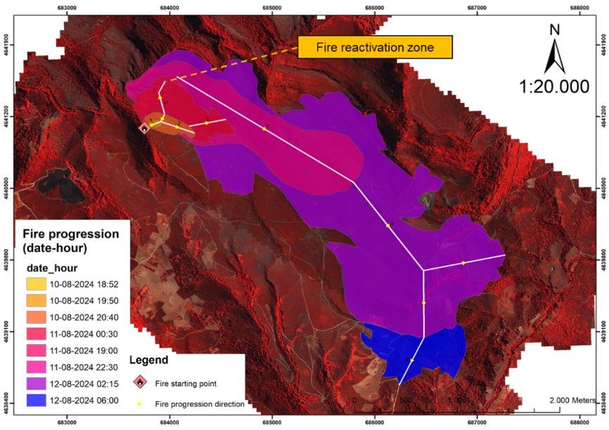 Fire progression map and fire behaviour parameters of the Soutelo fire.