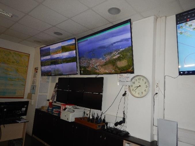 Monitoring room with video surveillance feeds.
