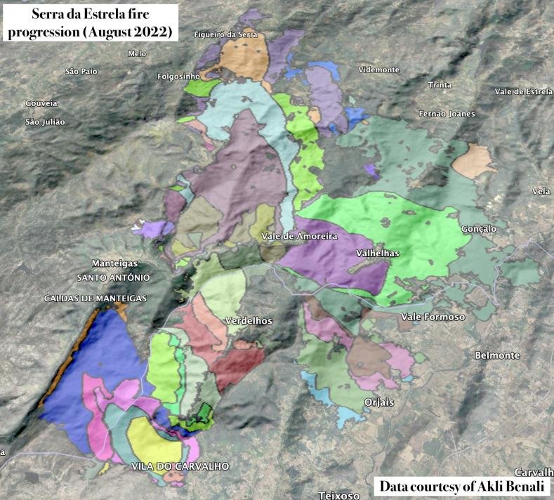 Serra da Estrela fire progression, August 2022. Data courtesy of Akli Benali.