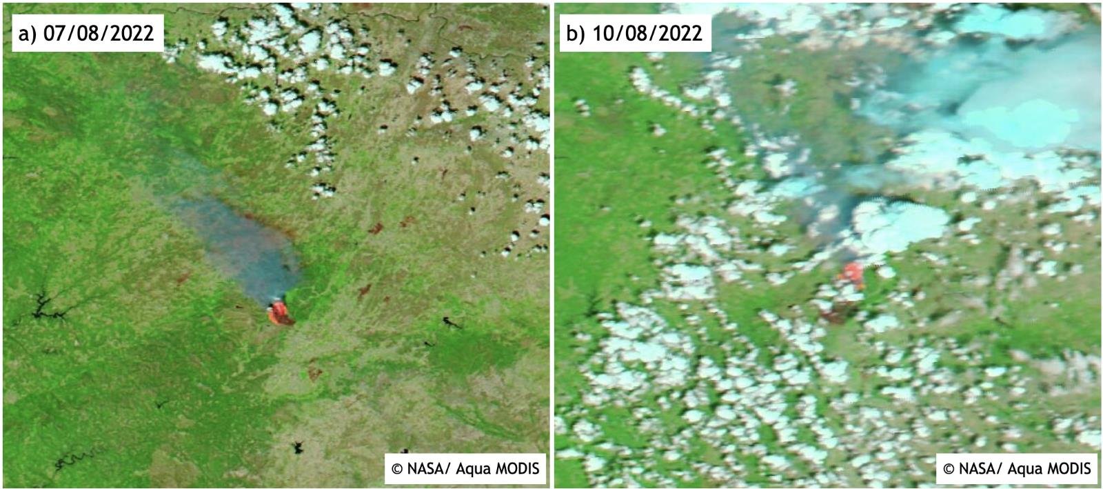 Satellite images of the Serra da Estrela fire on 7 and 10 August 2022. Data courtesy of NASA.