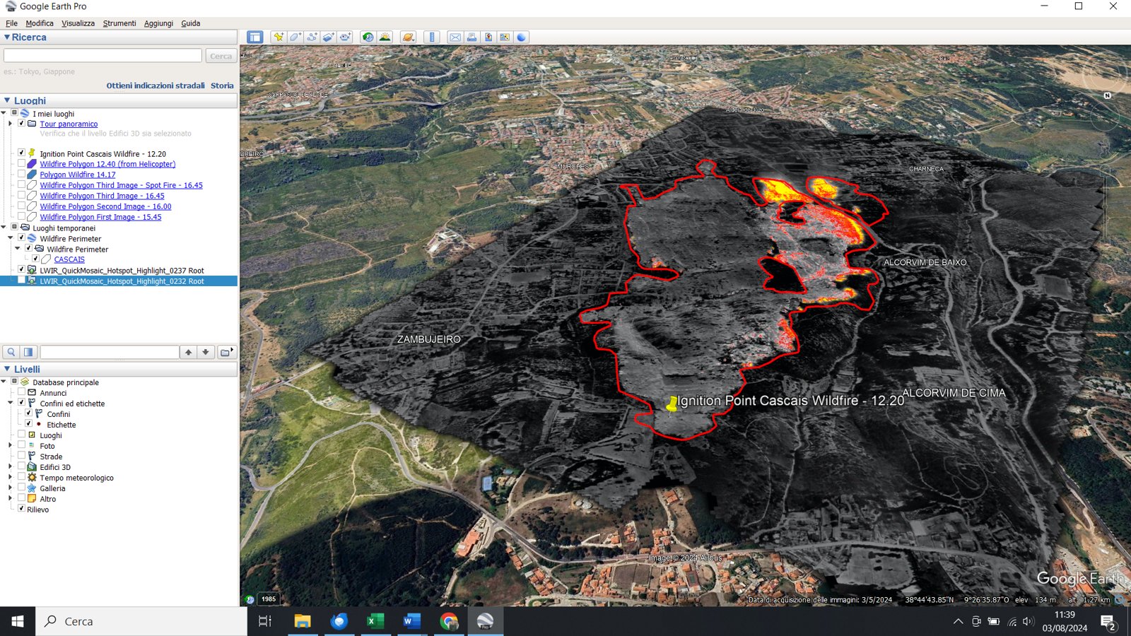 Thermal image of the Alcabideche-Cascais wildfire (21 July 2024, around 16:45), with the final perimeter (red) and ignition point (yellow) from the grantee's analysis. Photo by AVRAC, courtesy of ANEPC.